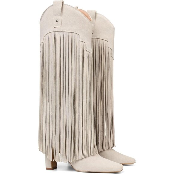 ⚡Women's Apricot Fashion Fringe Boots with Square Toe Chunky Heel Pull On Suede - Picture 3 of 5